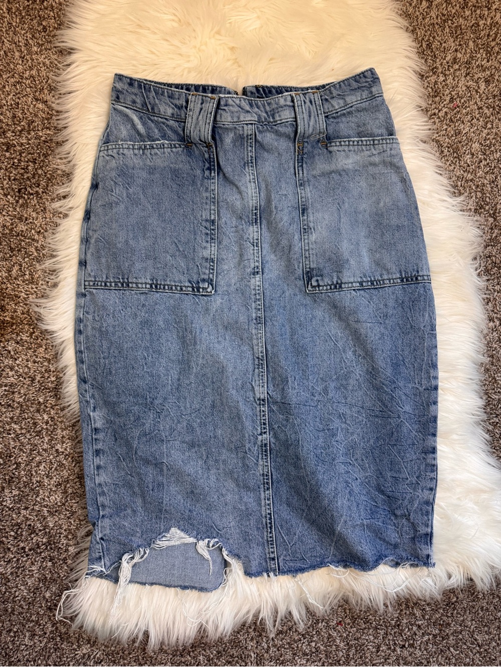 Free People High-Rise Distressed Denim Pencil Skirt - Light Blue